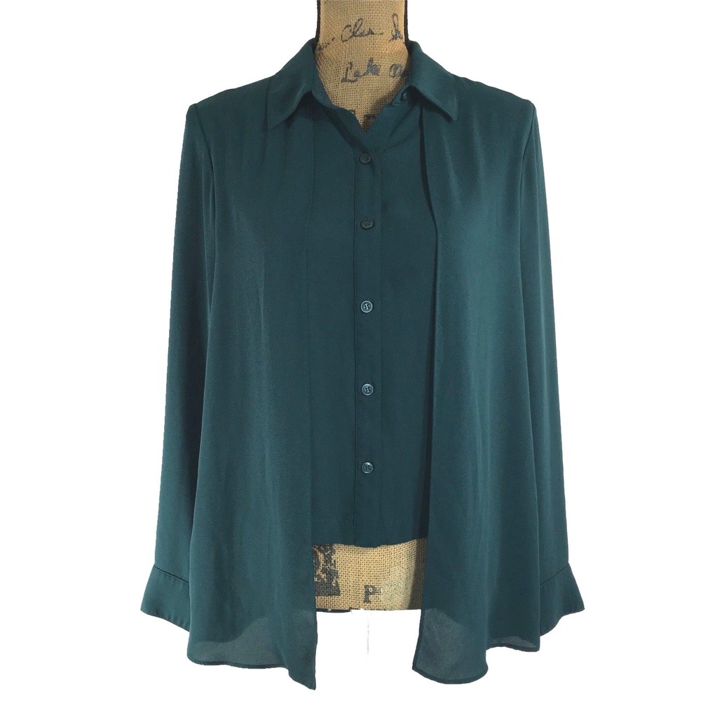 BCBGeneration Layer Blouse SMALL Dark Green High Low Long Sl Shirt Career Classy